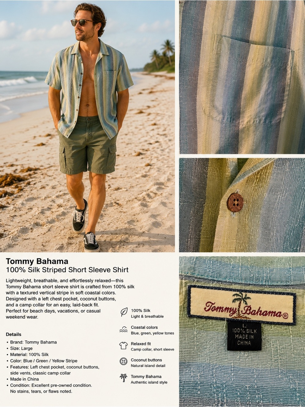 Tommy Bahama Blue, Green & Yellow Striped Silk Camp Shirt